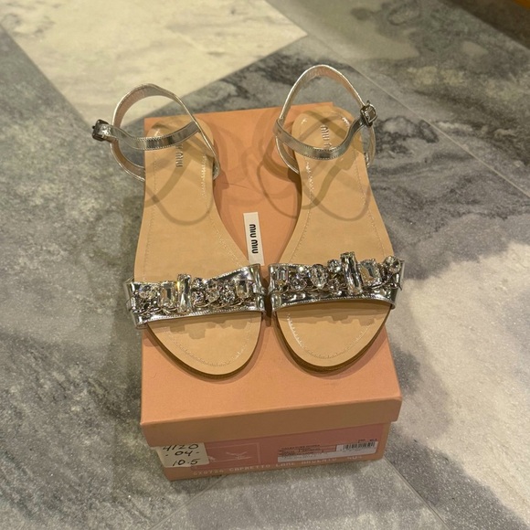 Miu Miu Shoes - Miu Miu Silver Crystal Strap Flat Sandal Capretto Lame Size EU 40.5 US 10 NWB